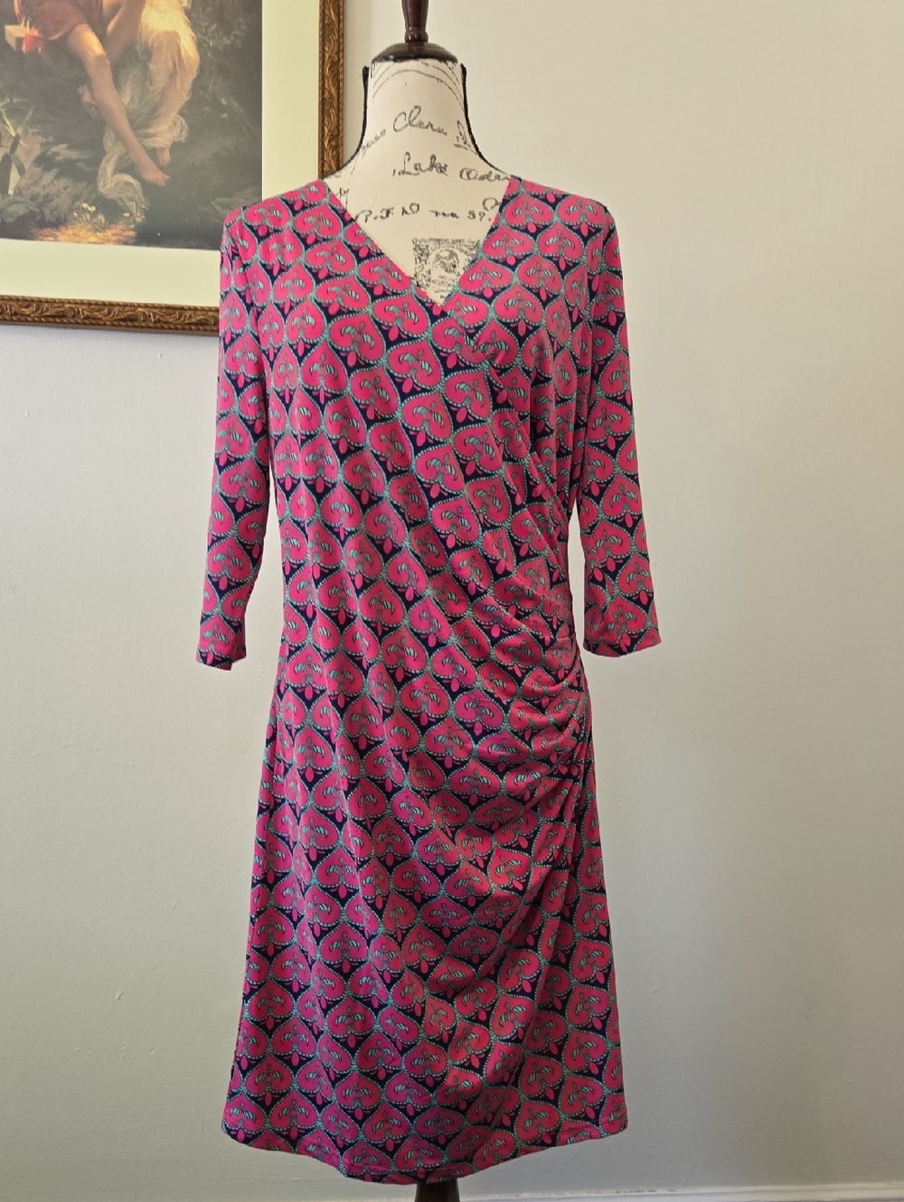 Tracy Negoshian Pink & Navy Faux-Wrap Three Quarter Sleeve Dress